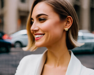 a woman with a white blazer and gold earrings smiling with a city street in the background made with generative ai