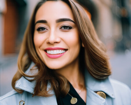 A Woman With A Blue Coat, A Black Shirt And A Golden Necklace With A City Scene In The Background Made With Generative Ai