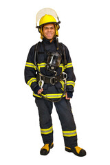 Full body young smiling African-American fireman in a fireproof uniform stands and looks at the camera, vertical orientation