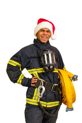 Young smiling African-American fireman in uniform and red Santa Hat holds fire hose in hand and looking at camera, vertical orientation 
