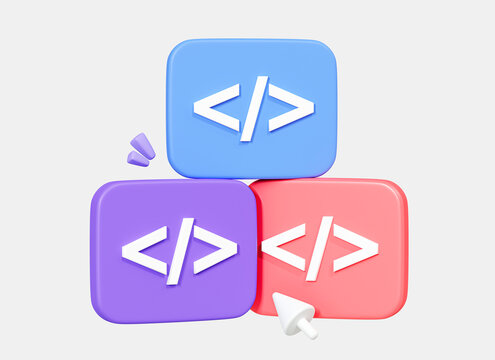 3D Program code development. Web coding concept. Website programming. Coding software language. Java script html data. Cartoon creative design icon isolated on white background. 3D Rendering