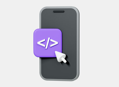 3D Mobile phone with program code development and cursor. Web coding concept. Website programming. Smartphone software. Cartoon creative design icon isolated on white background. 3D Rendering