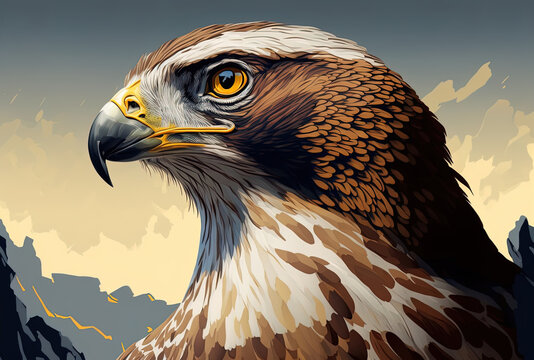 Selective focus image of a majestic hawk with hunting eyes scanning the sky for prey. Generative AI