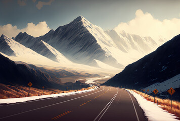 A contemporary road passes by mountains. Generative AI