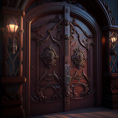 mahogany wood door with ornate interlocking gate