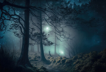 Beautiful nighttime photo of a misty woodland. Generative AI