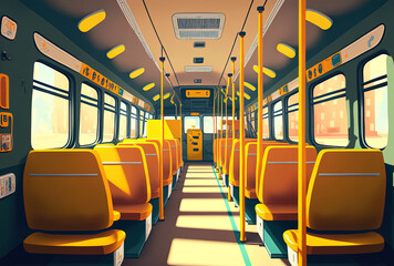 a municipal bus's interior with yellow holding rails. Generative AI