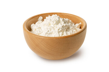 Flour in wooden bowl isolated on white background
