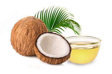 Coconut oil in glass bowl . Coconut  with cut in half and leaves isolated on white background.