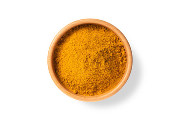 Turmeric powder in wooden bowl isolated on white background. Top view
