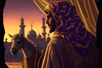 Bedouin and his mule, with a mosque in the background. Desert travelers. Fairy tale, the thousand and one nights.