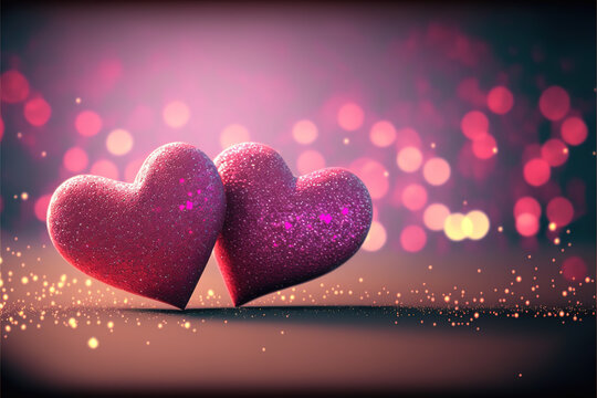 Two glittery hearts, Valentine's day or wedding illustration representing love. Pink design and bokeh.