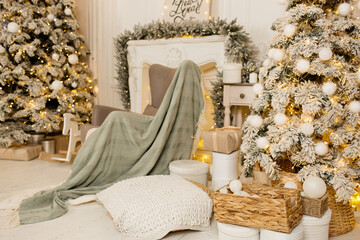 New Year's interior with a fir tree in white tones