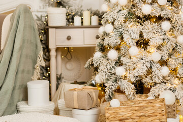 Beautiful Christmas tree in decorated living room. Festive interior