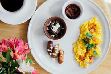 Top view of a breakfast at the table.