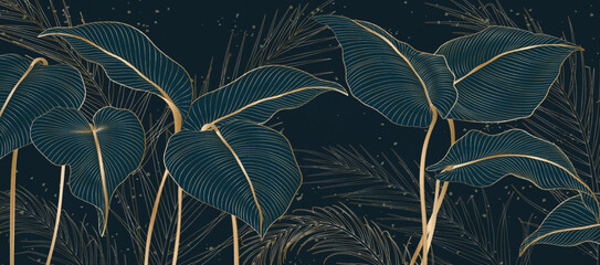 Luxury art background with tropical palm leaves in blue with golden elements in line style. Botanical banner for decor, print, wallpaper, textile, interior design..