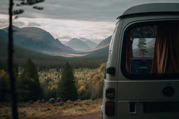 A retro campervan is parked in a beautiful, secluded spot in the great outdoors. It has a small awning and the windows are open, inviting adventurers to explore. The essence of van life. 