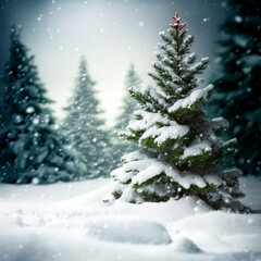 Obraz premium Horizontal shot of Christmas tree with cool decoration in winter Generative AI