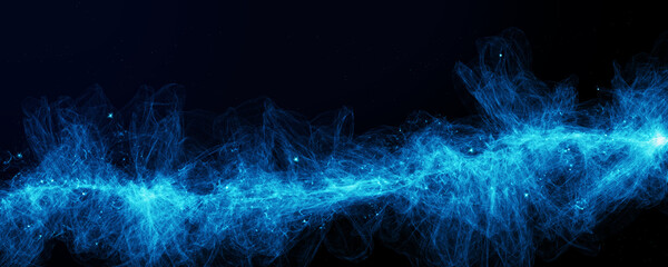 A digital illustration of a dark background with bright blue abstract technology web and stars.