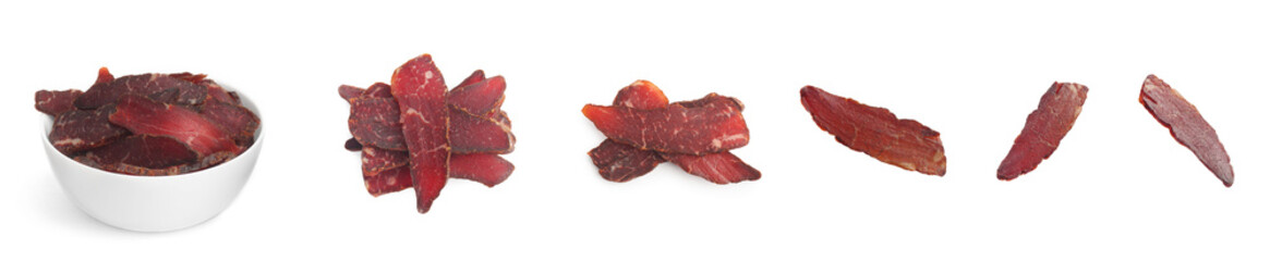Set with delicious beef jerky on white background. Banner design