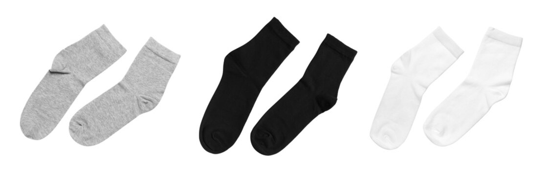 Set with different socks on white background. Banner design