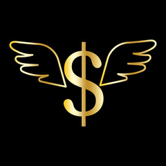 Gold dollar wings. golden dollar wings luxury black background. Finance icons. Vector illustration. Stock image. 