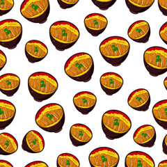 cartoon katsudon, japanese food seamless pattern on colorful background