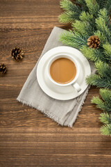 Christmas decorations and coffee on  wooden background. christmas concept.