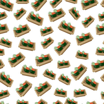 cartoon gunkan-maki sushi, japanese food seamless pattern on colorful background
