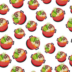 cartoon sukiyaki, japanese food seamless pattern on colorful background