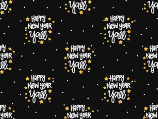 Happy New Year cartoon character seamless pattern on black background