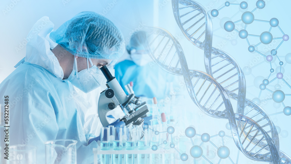 Wall mural research and developement concept background scientist or reseacher using microscope in biotechnolog