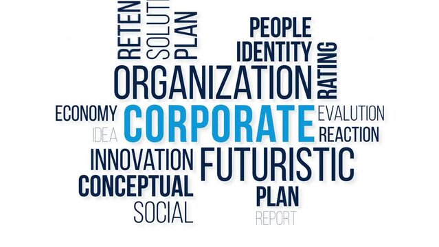 corporate Word cloud animation concept. Kinetic Typography animation.Collage made of words about holography.