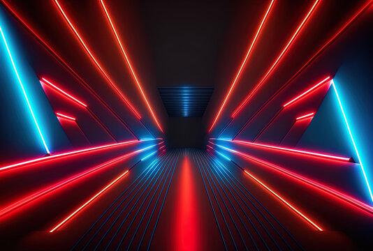 Abstract future science fiction background with red and blue neon lights. Generative AI