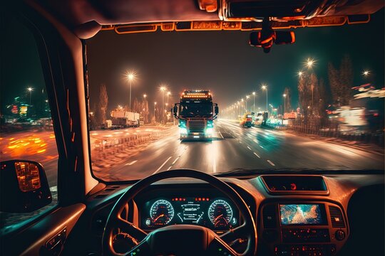 Driving a Truck from a driver's perspective, going on the wrong side in the night