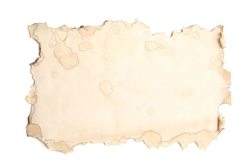 Piece of paper with dark burnt borders and wax seal isolated on white, top view. Space for text