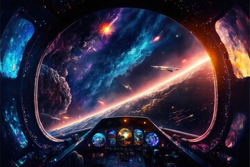 Tipos de traducción
Traducción de texto
Texto original
Panoramic View of a Spaceship's Command Cabin, traveling through the stars and galaxies in space