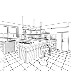 Modern Kitchen Interior Vector. Isolated Illustration On White Background. A vector illustration Of A Kitchen.