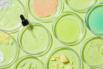Flat lay composition with Petri dishes on light green background