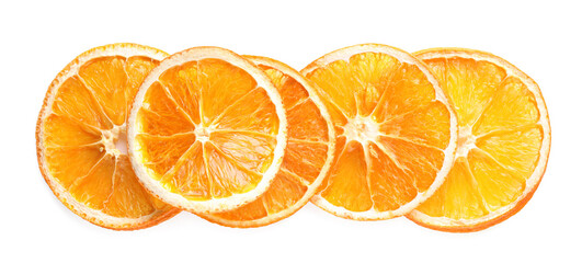 Delicious dry orange slices on white background, top view
