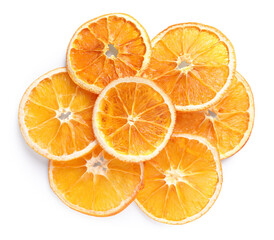 Delicious dry orange slices on white background, top view