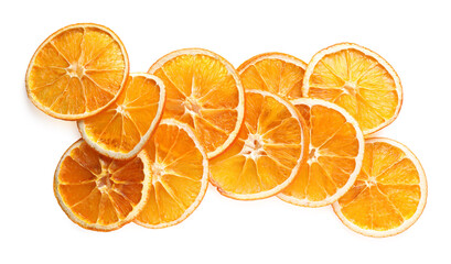 Delicious dry orange slices on white background, top view