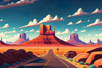 A magnificent sky can be seen in the backdrop of this horizontal image of a deserted road in Monument Valley, USA. Generative AI