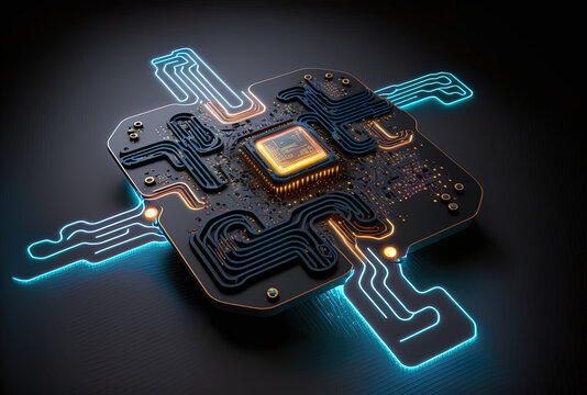 Concept of the metaverse and a creative glowing chip circuit hologram on a dark background. Generative AI