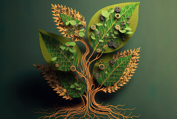 The leaves of an artificial plant constructed of electronic printed circuit boards grow in natural soil. technology's potential application in agriculture. Generative AI