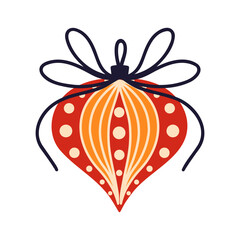 Christmas tree toy vector icon. Bright glass ball with polka dots and stripes. Festive symbol with bow, ribbon. Red gold bauble isolated on white. Flat cartoon clipart for cards, posters, invitations