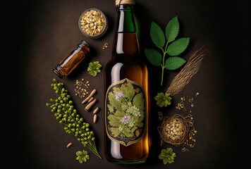 Beer in a bottle with the brewing components. wheat and hop blossom. a top view. Generative AI