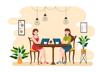 Internet Cafe of Young People Playing Games, Workplace use a Laptop, Talking and Drinking in Flat Cartoon Hand Drawn Templates Illustration