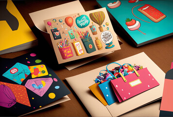 Obraz premium A selection of cards with vibrant shopping bags and decorations. Generative AI