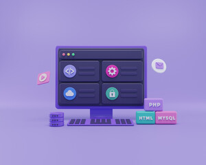 3D Render web development, software development, web design, coding and programming. 3d illustration
